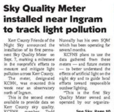 West Kerr Current headline: Sky Quality Meter installed near Ingram to track light pollution